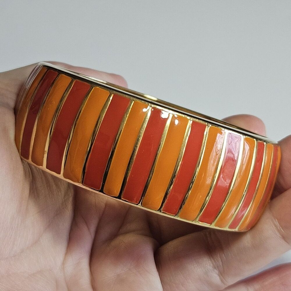 Banana Republic Orange Enamel And Gold Tone Hinged  Bangle Bracelet 6.5" - Picture 2 of 12
